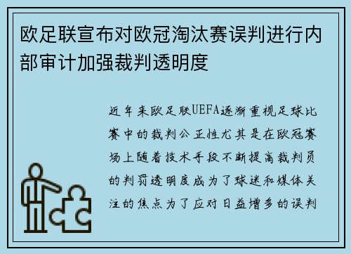 欧足联宣布对欧冠淘汰赛误判进行内部审计加强裁判透明度